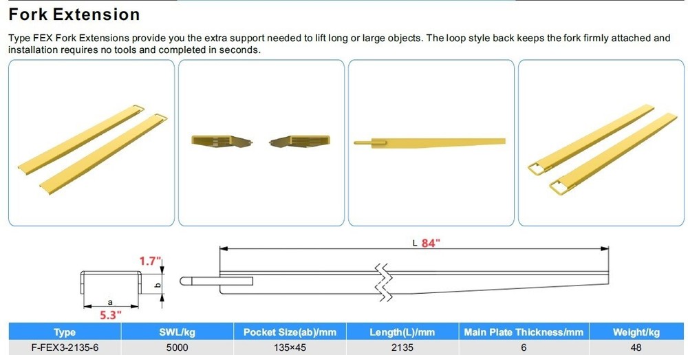 US Stock Pallet Fork Extensions 84in Fork Blades with 5.5in overall Width