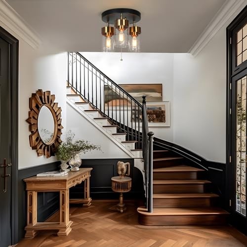 Flush Mount Ceiling Light, Black and Gold Kitchen Light Fixture with 3-Light