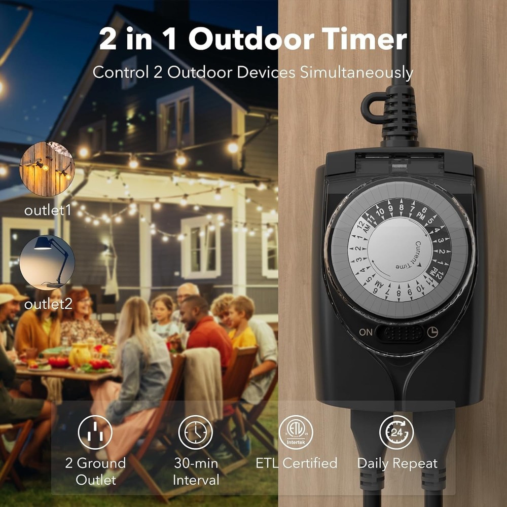 Outlet Timer, 24 Hour Mechanical Outdoor Timer for Pool Pump, Plug in Timer USA
