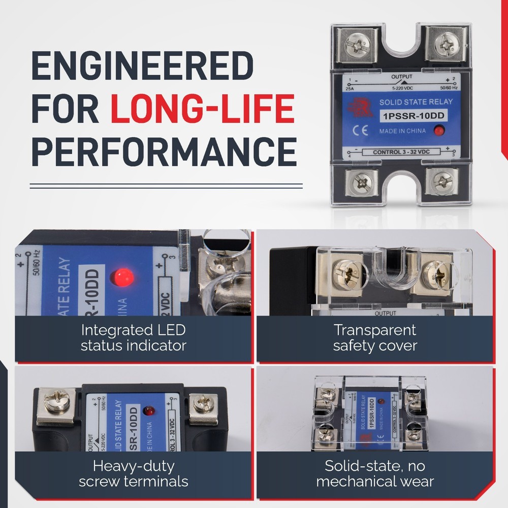 10 Amp DD Solid State Relay Module SSR-DC to DC-3-32VDC Control-12-220VDC Output