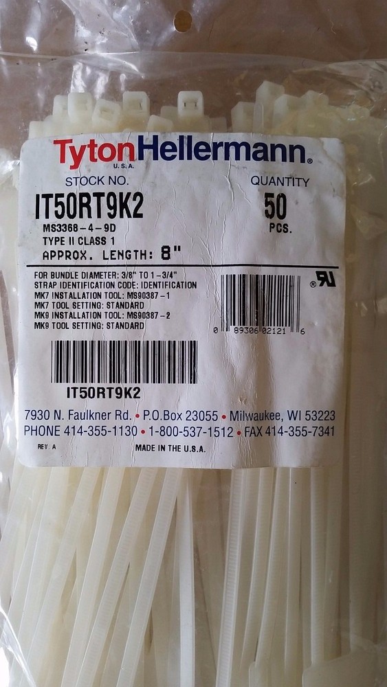 8" x3 Identification Labeling Cable Zip Ties, Tyton Hellermann IT50RT9K2 -pkg 50