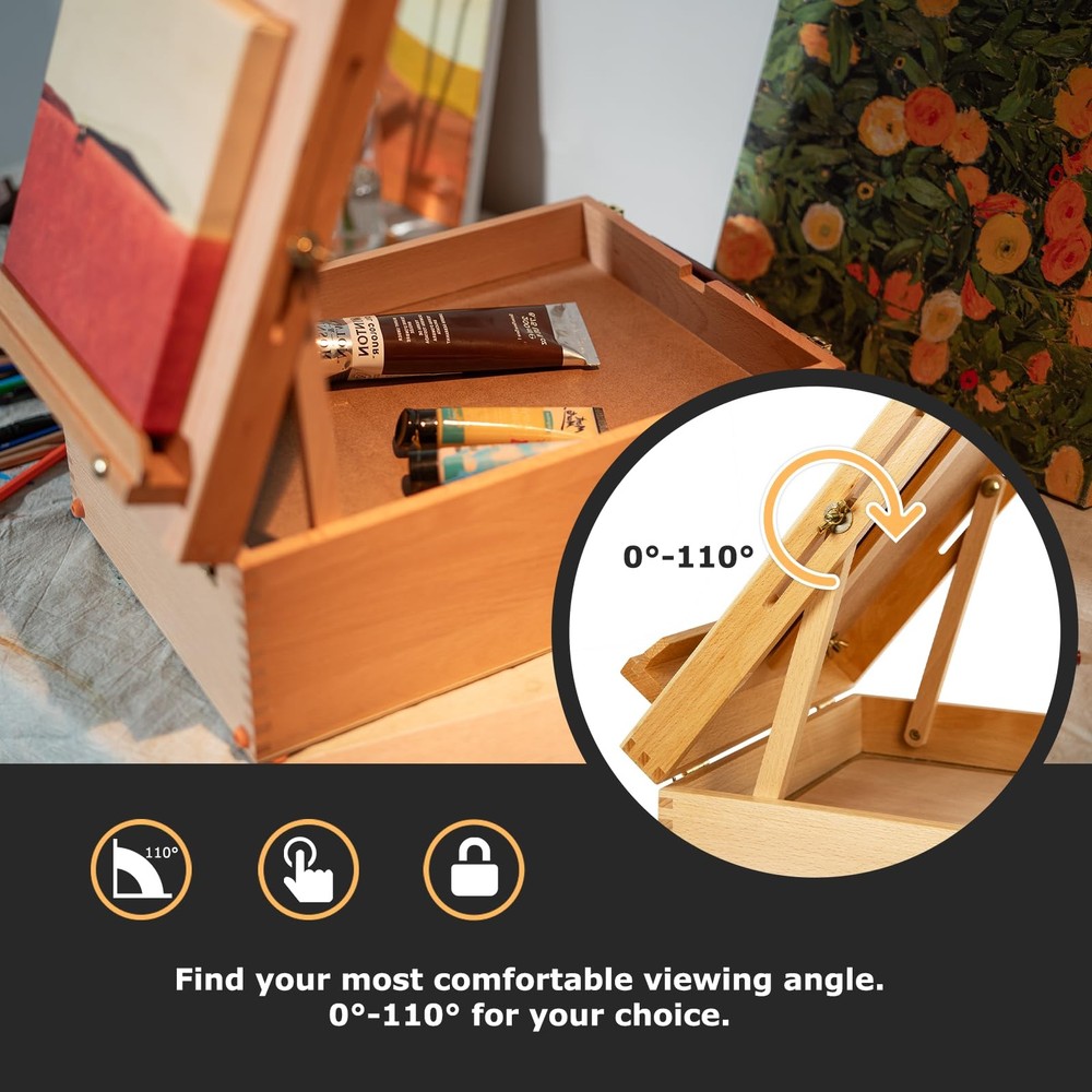 Large Sketchbox with 3-Drawer Storage, Adjustable Beech Wood Desktop Easel fo...