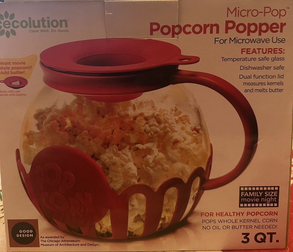 Microwave Popcorn Popper Glass Red Ecolution Micro-Pop 3 Quart In box easy clean