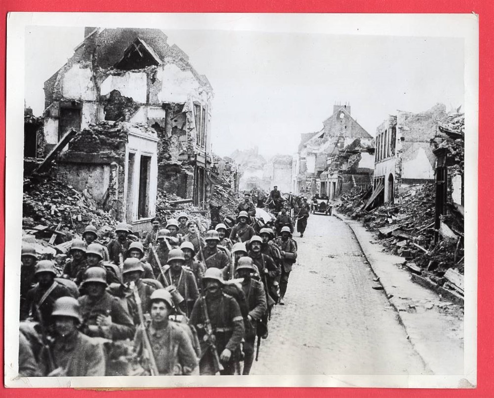 WWI German Troops in Somme Town in 7x9 WWII Original 1944 News Photo