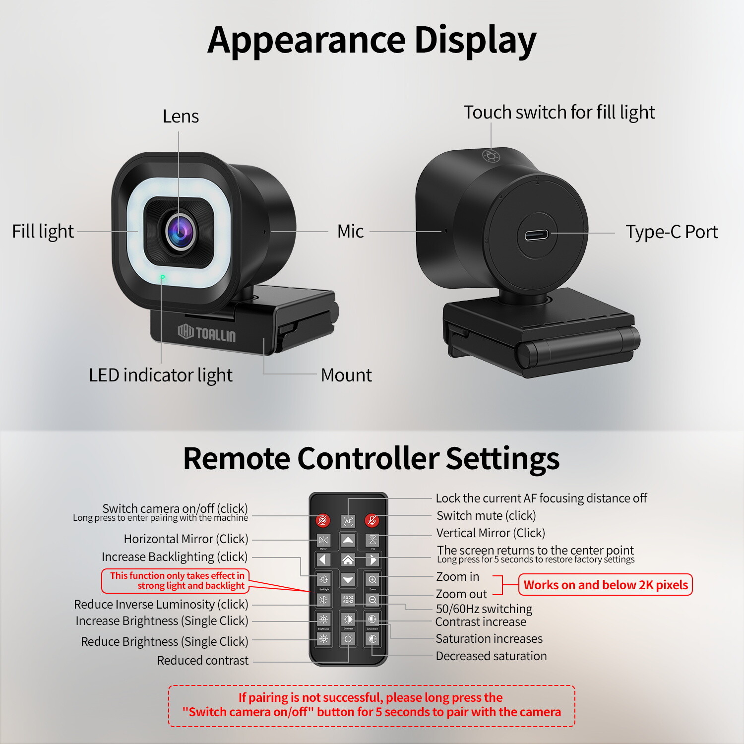 TOALLIN 4K PDAF Webcam,Built-in Ring Light & Remote,Dual Mics,Wide Compatibility