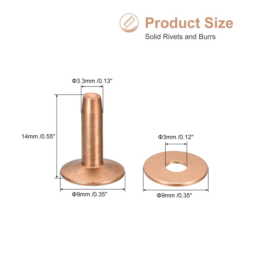 10 Set 9x3.3x14mm Solid Copper Rivets and Burrs Leather Fastener, Copper Tone