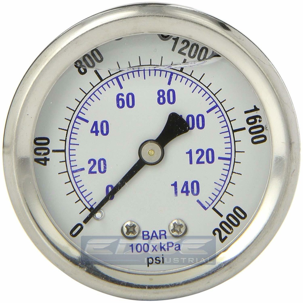 LIQUID FILLED PRESSURE GAUGE 0-2000 PSI, 2" FACE, 1/4" BACK MOUNT