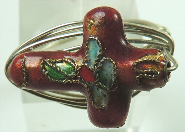 Wire Wrapped Cloisonne Cross Bead Ring Handcrafted