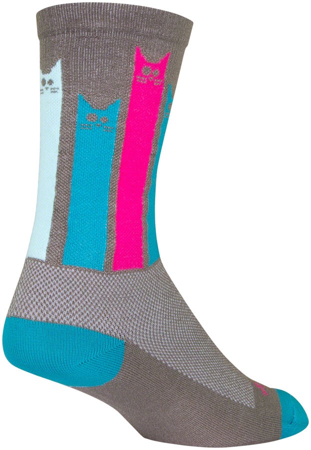 SockGuy Crew Felines Socks - 6", Gray/Pink/Teal, Small/Medium
