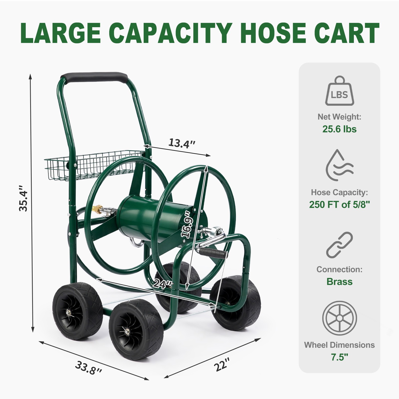 Hose Reel Cart with Storage Basket Green Holds 250 ft Hose