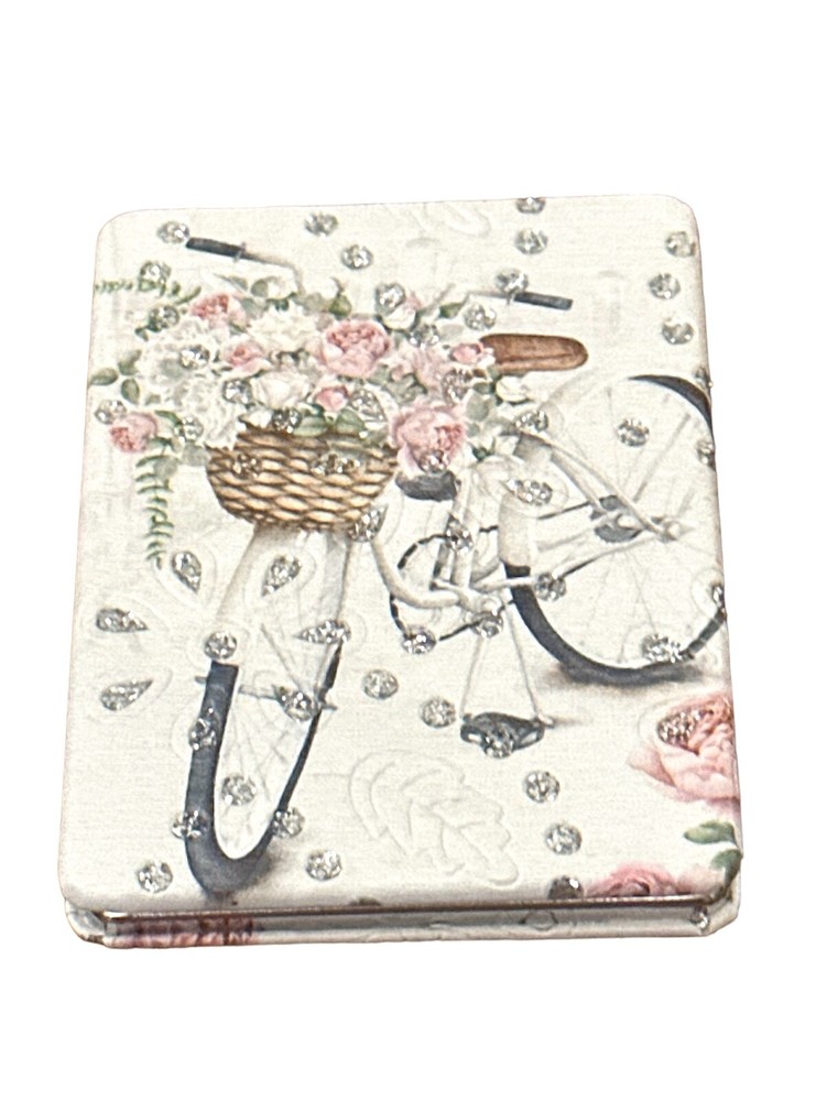 Pocket Mirror/Compact- rectangular-bicycle flower basket- glitter- pink white