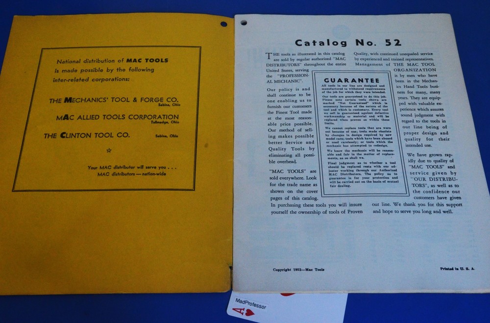 MAC Allied Tools Mechanics Tool & Forge Clinton 1952 Product Catalog #52