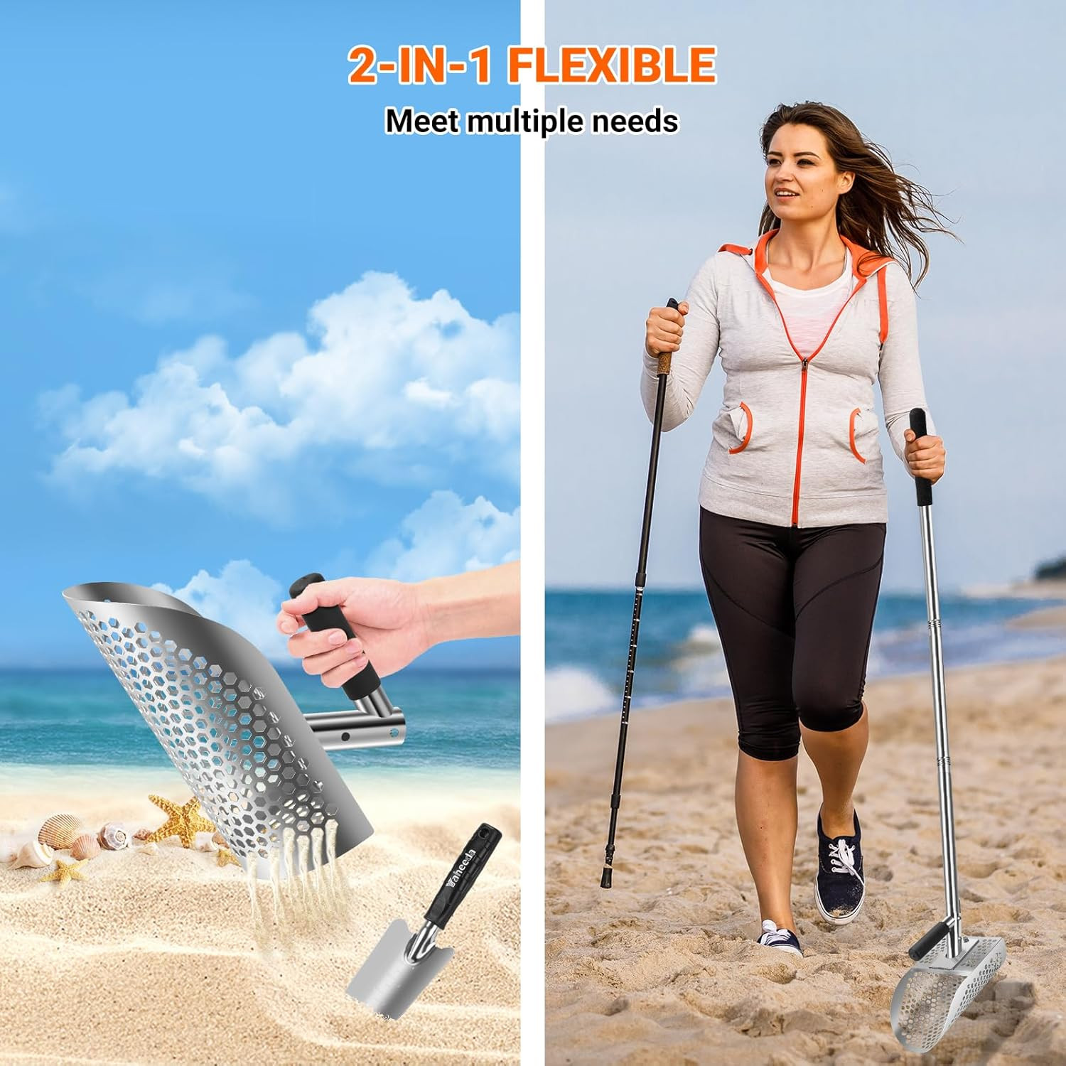 Long Handle Sand Scoop with Shovel for Metal Detecting, Metal Detector at Beach,