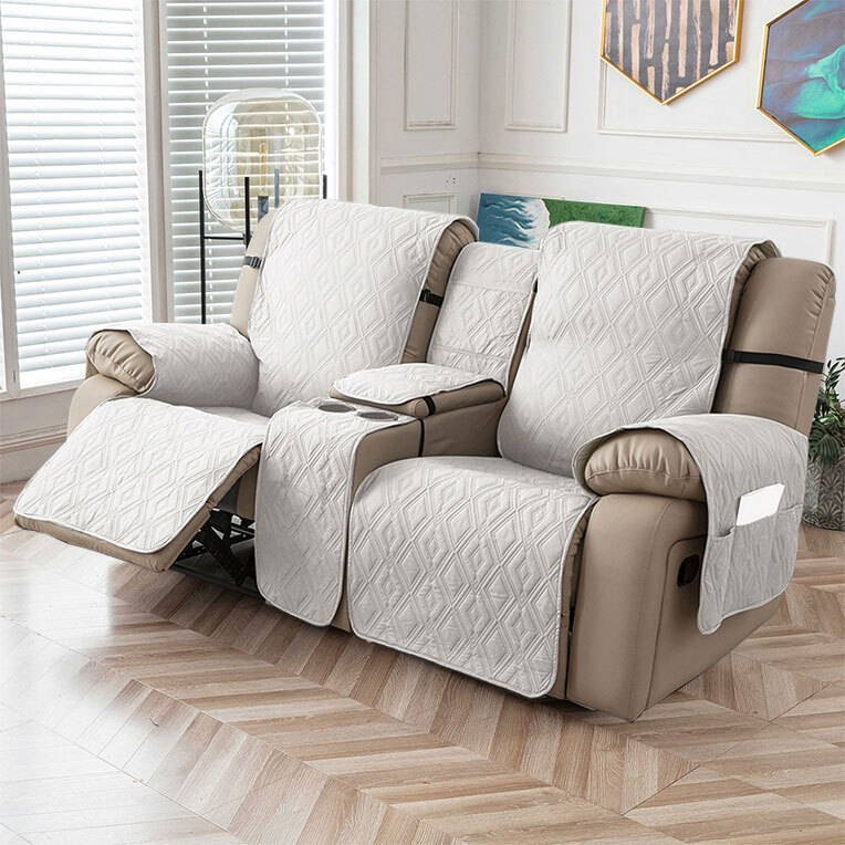 100% waterproof recliner cover double with center console, strap design