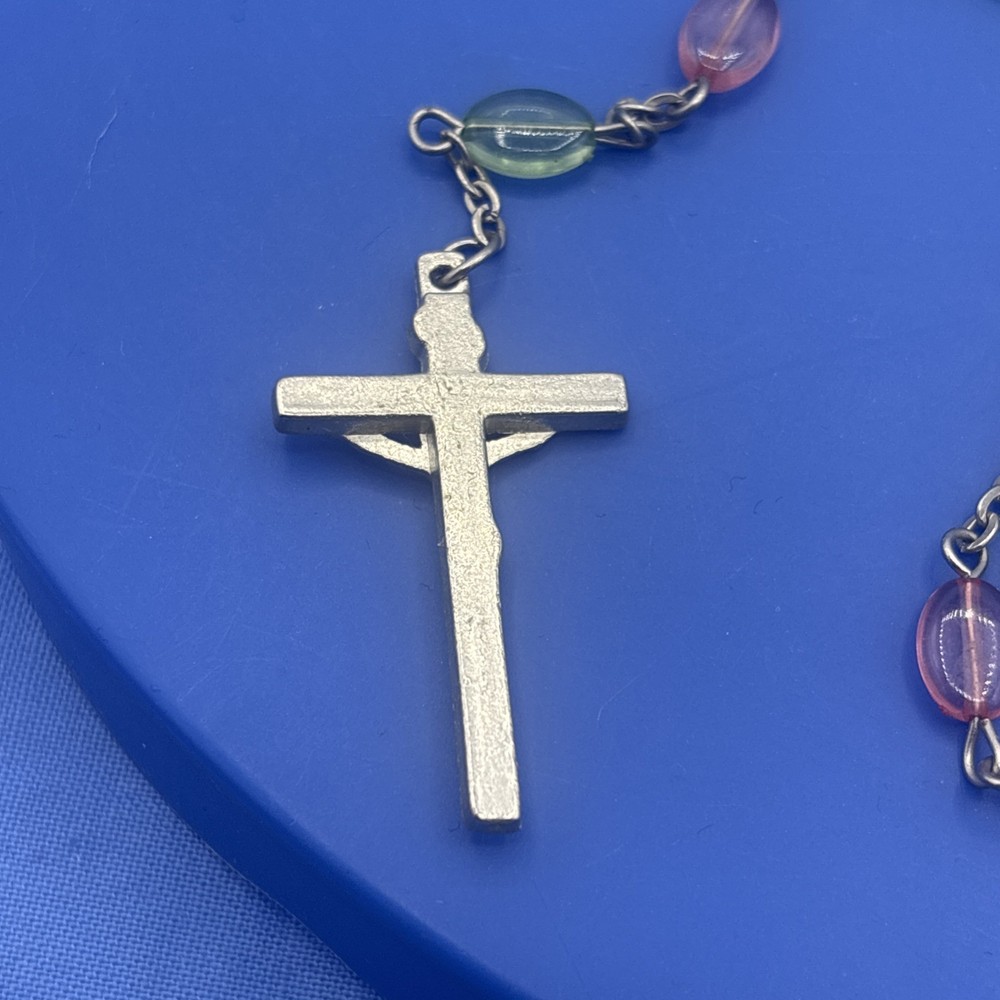 Vtg Pastel Translucent Rosary Oval Beads Crucifix Catholic Prayer Beads Easter