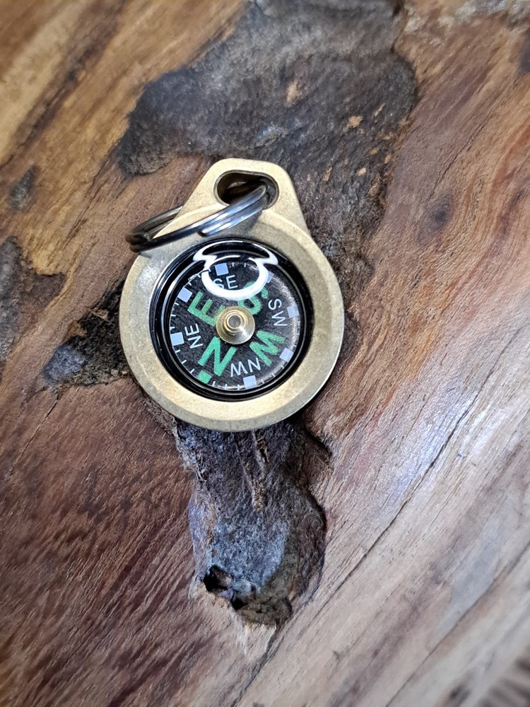 Mini EDC Minimalist Brass Keychain Compass w/Titanium Keyring