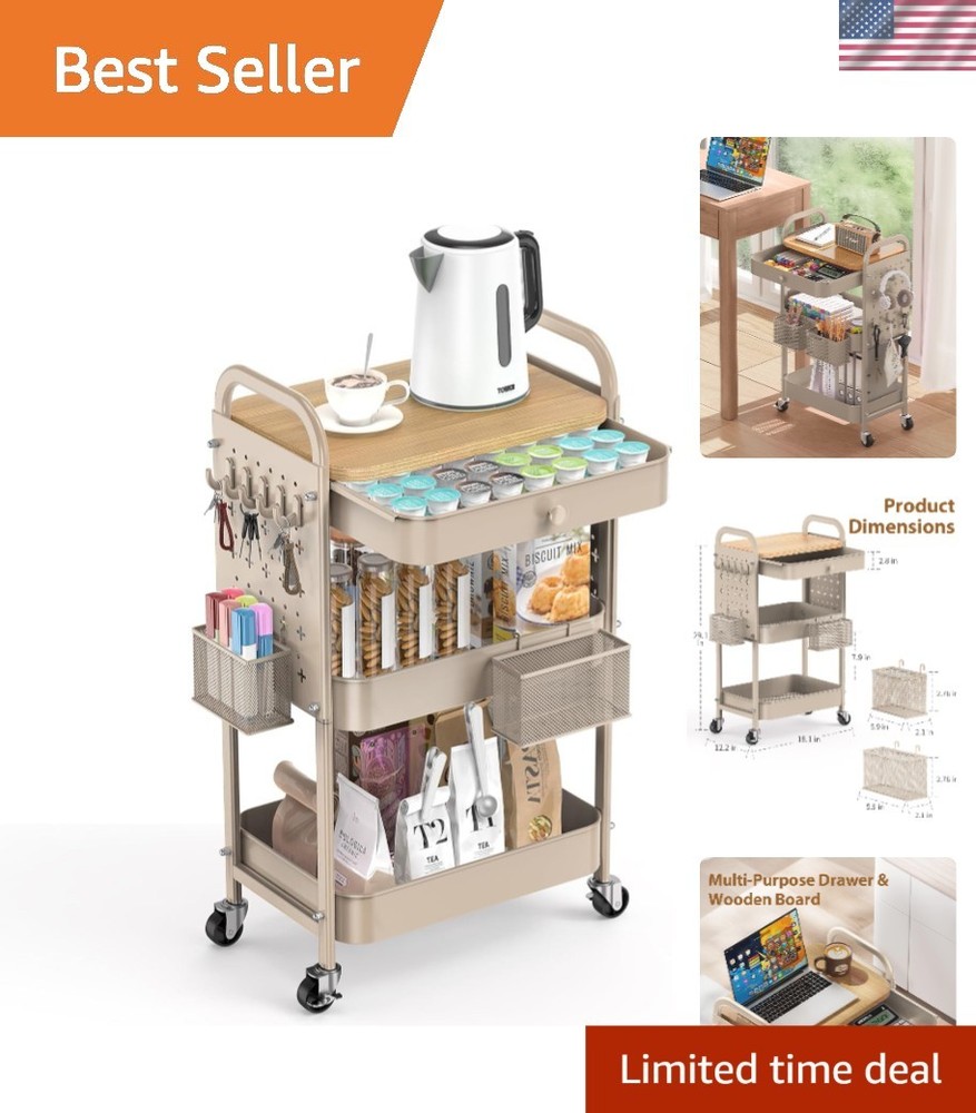 Compact Rolling Utility Cart with Pegboards & Drawers - Perfect for Organization