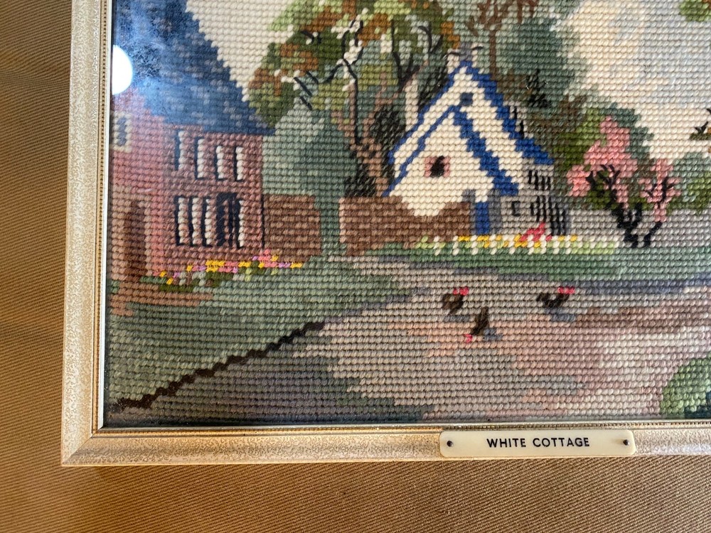 Vintage Needlepoint "White Cottage" - Framed