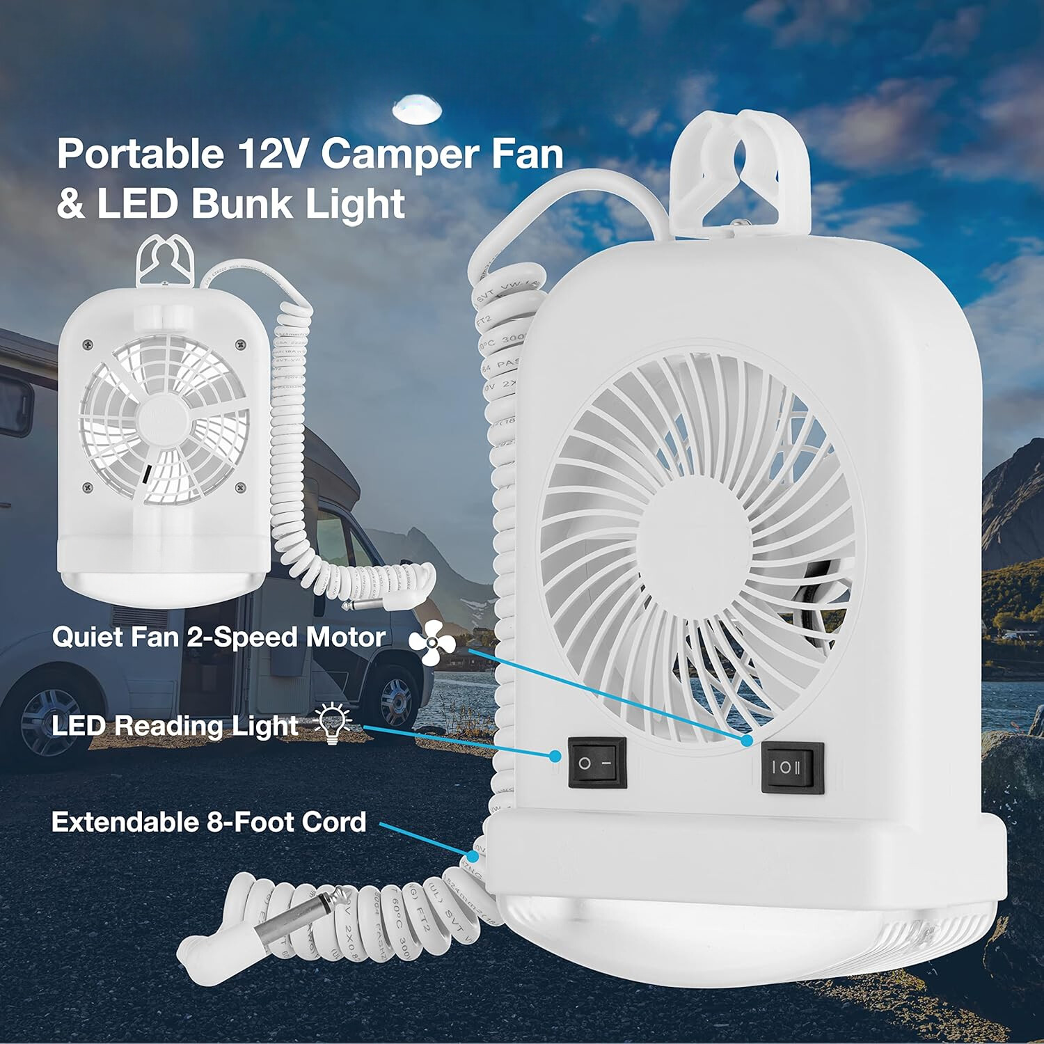 RV Portable 12V LED Cabin Light and 2-Speed Personal Fan Combo - Quiet Motor