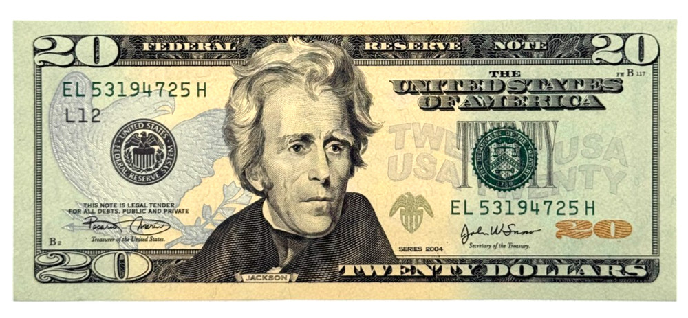 New Uncirculated $20 Twenty Dollar Bill Series 2004 ONE NOTE