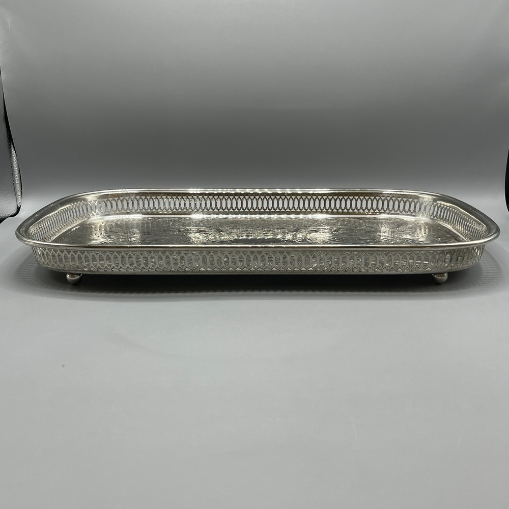 Large Vintage Silver Plated Rectangular Gallery Tray Footed Long Cocktail Drinks