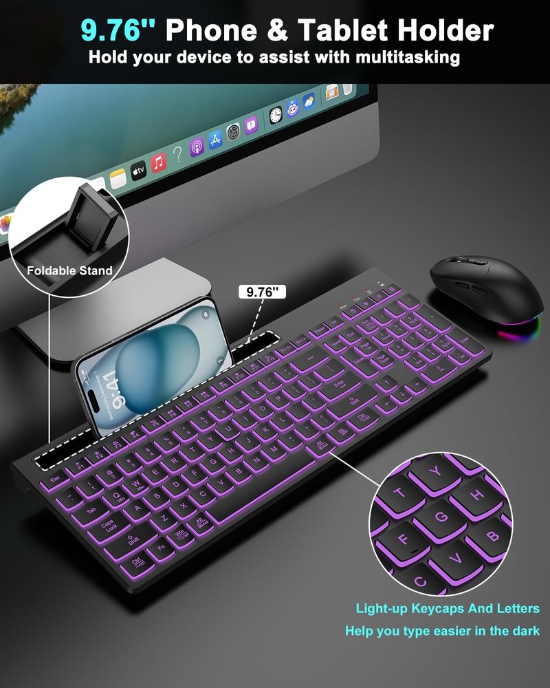 Wireless Keyboard and Mouse Combo, 7 Backlit Effects, Light Up Letters, Recha...