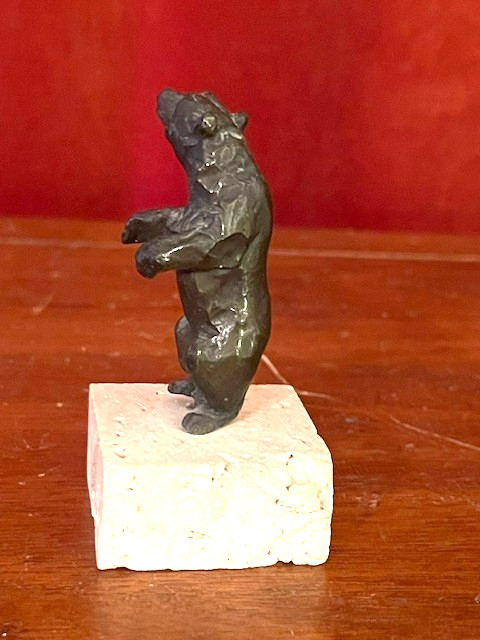 Vintage Small Bronze Bear Statue On Stone Base