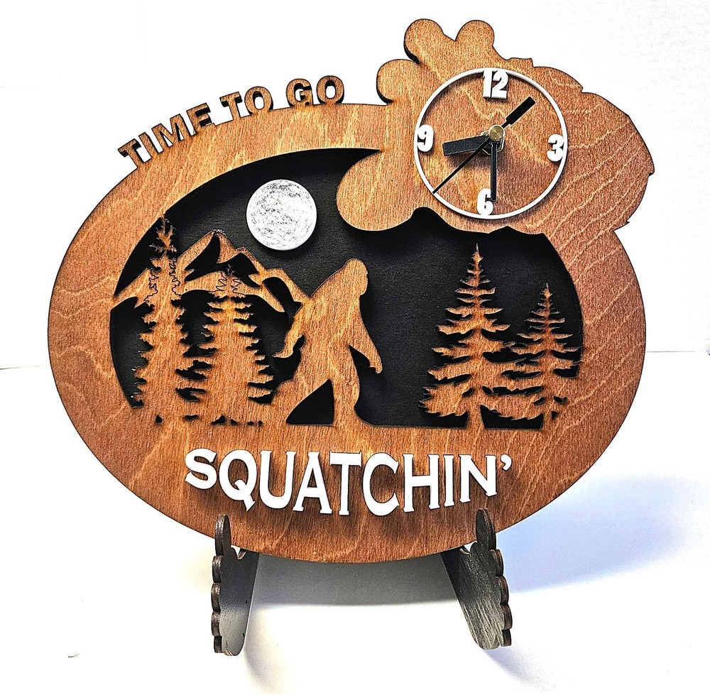Bigfoot Time to go Squatching Laser Cut Table Desktop clock w Stand