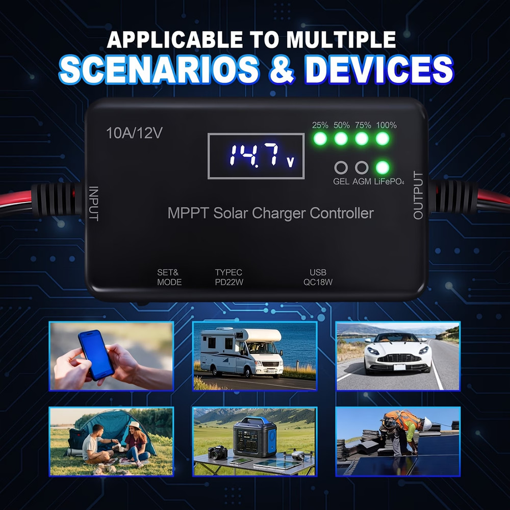 12V 10A MPPT Solar Charge Controller Solar Panel Charge Controller Type-C & USB