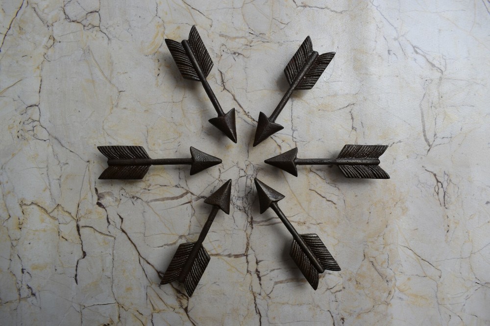 Vintage cast iron Arrow cabinet drawer door knobs handles pull rustic 6 pcs