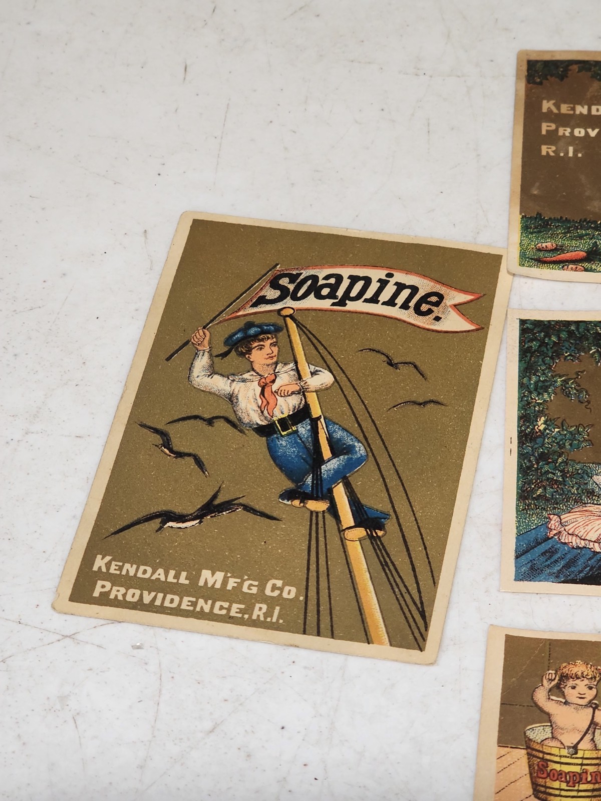 LOT OF 7- ANTIQUE VICTORIAN SOAPINE FRENCH LAUNDRY TRADE CARDS KENDALL MFG RI