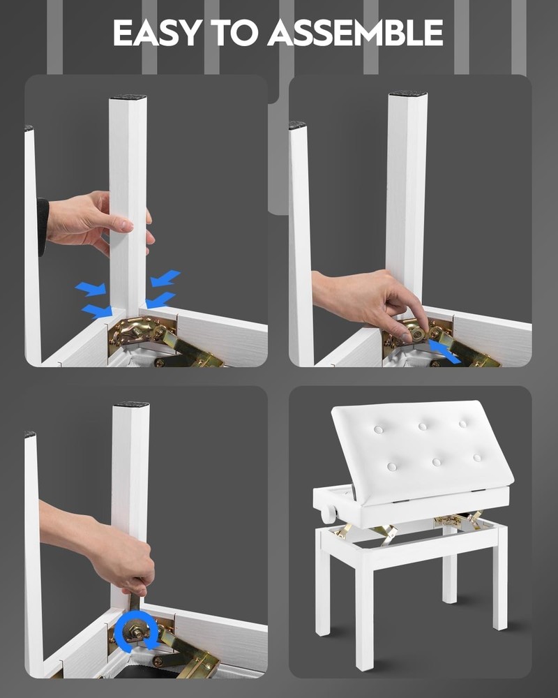 STRICH Adjustable Cushioned Piano Bench w/ Storage (WHITE)