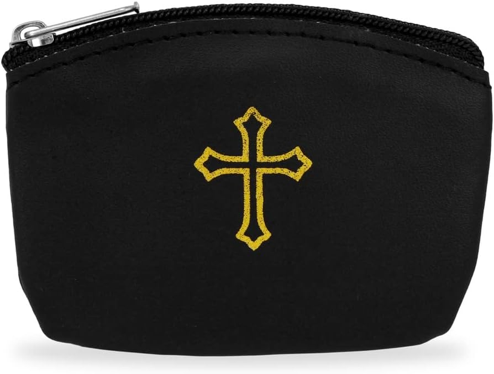Black Rosary Pouch with Zipper and Gold Cross Imprint