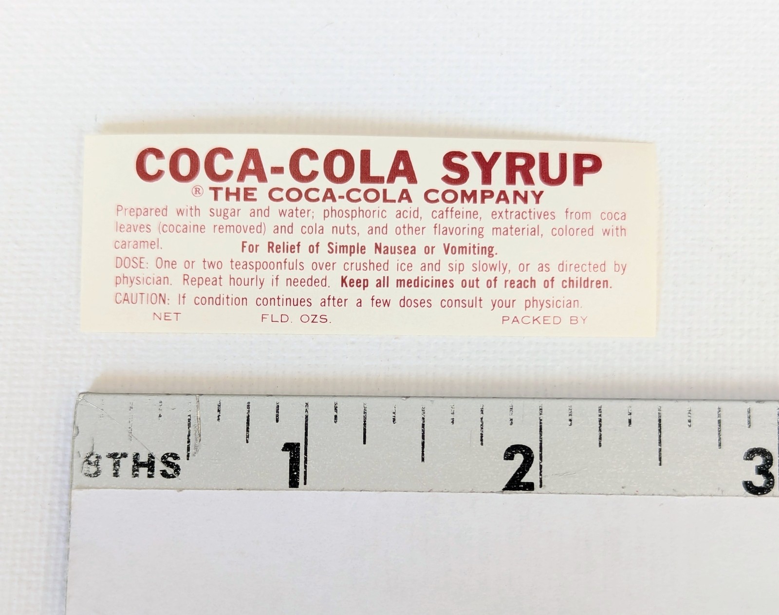 Coca-Cola Syrup Pharmacy Label "cocaine removed" 1950-60's UNUSED Gummed Back