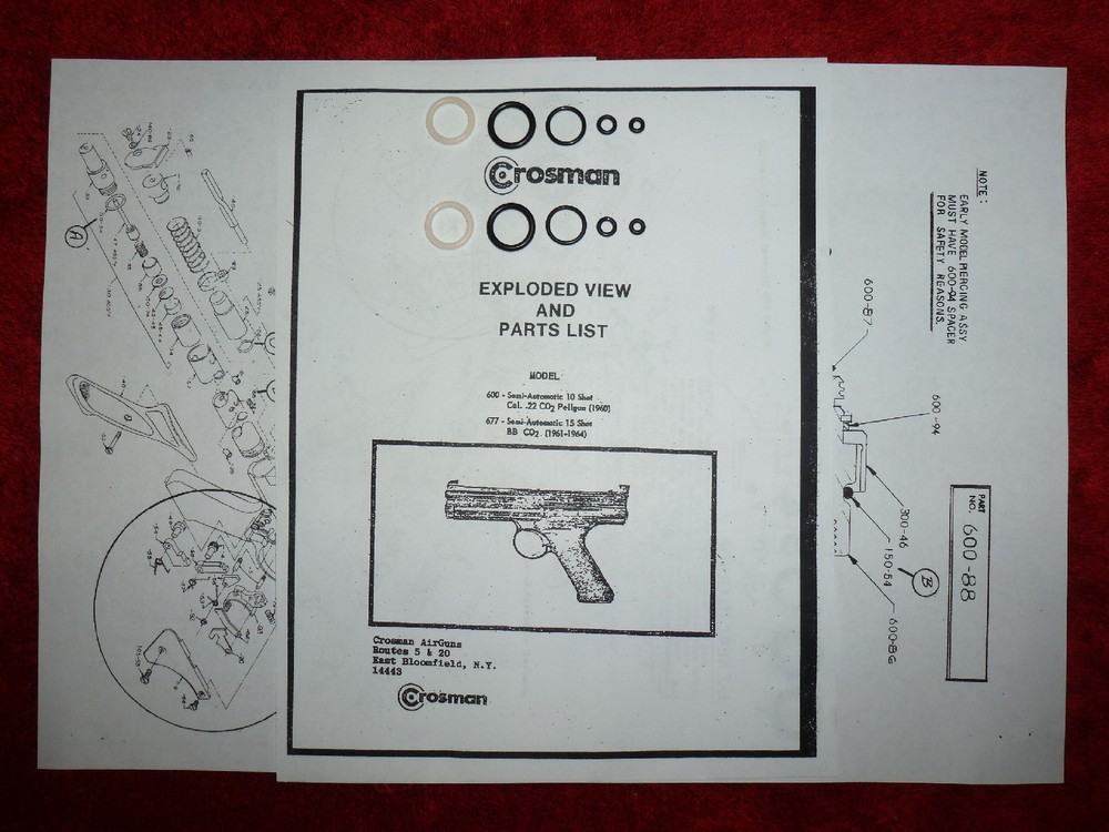 Crosman Model 600 677 CO2 Pistol Two(2) O-Ring Seal Kits + Exploded View & Guide