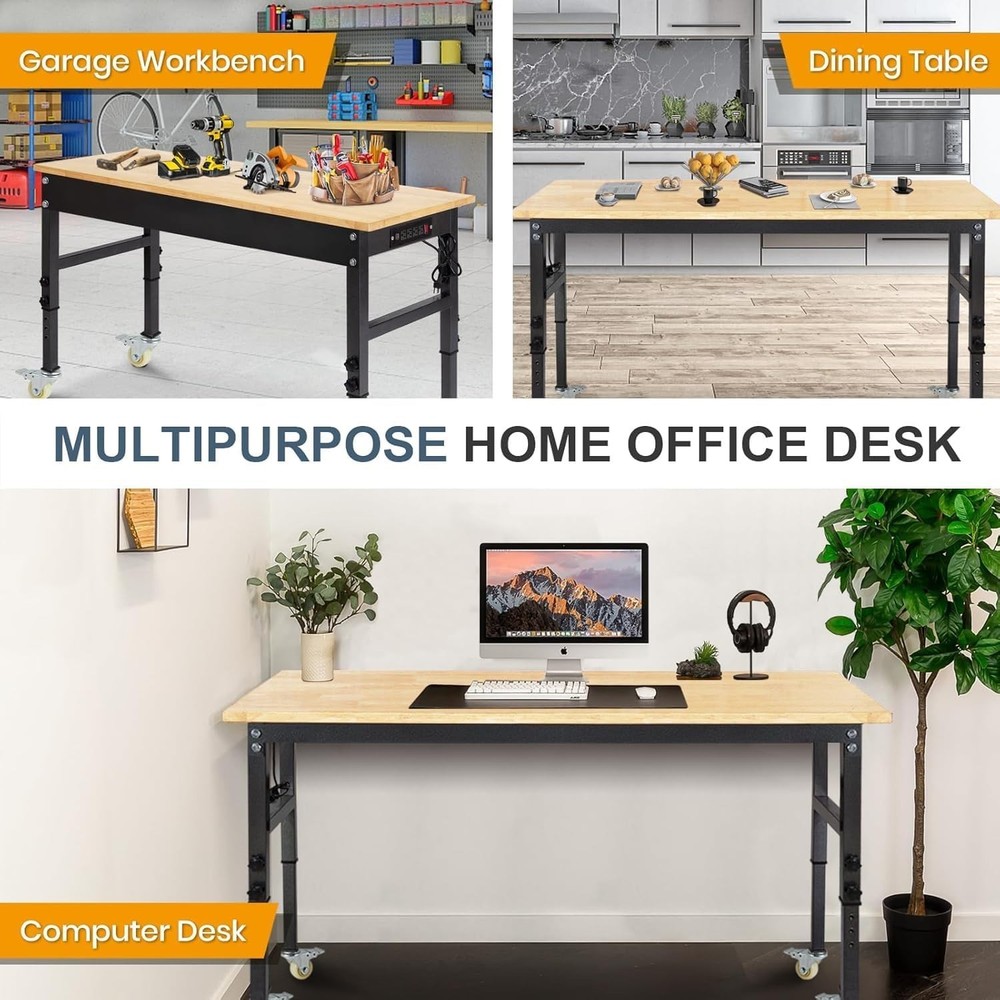 70'' Adjustable Workbench with Socket, Wheels and Fixed Legs