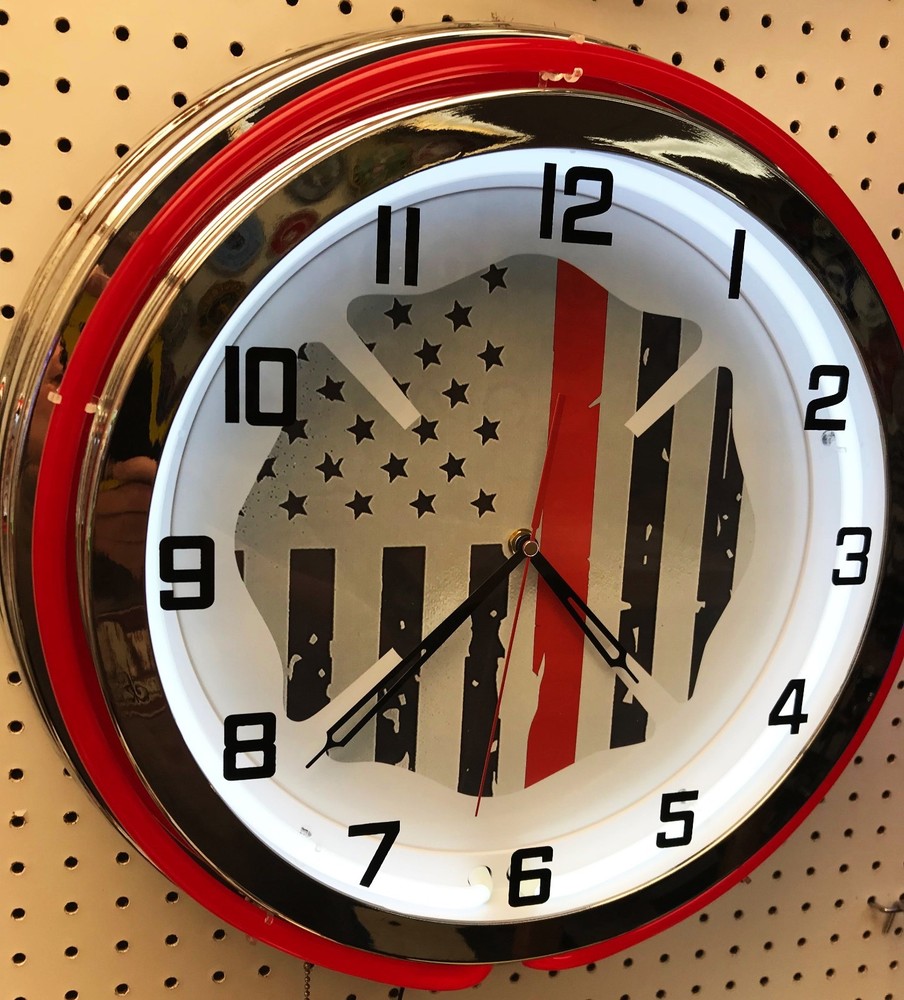 18" Thin Red Line Firefighters Sign Double Neon Clock Fire Fighter