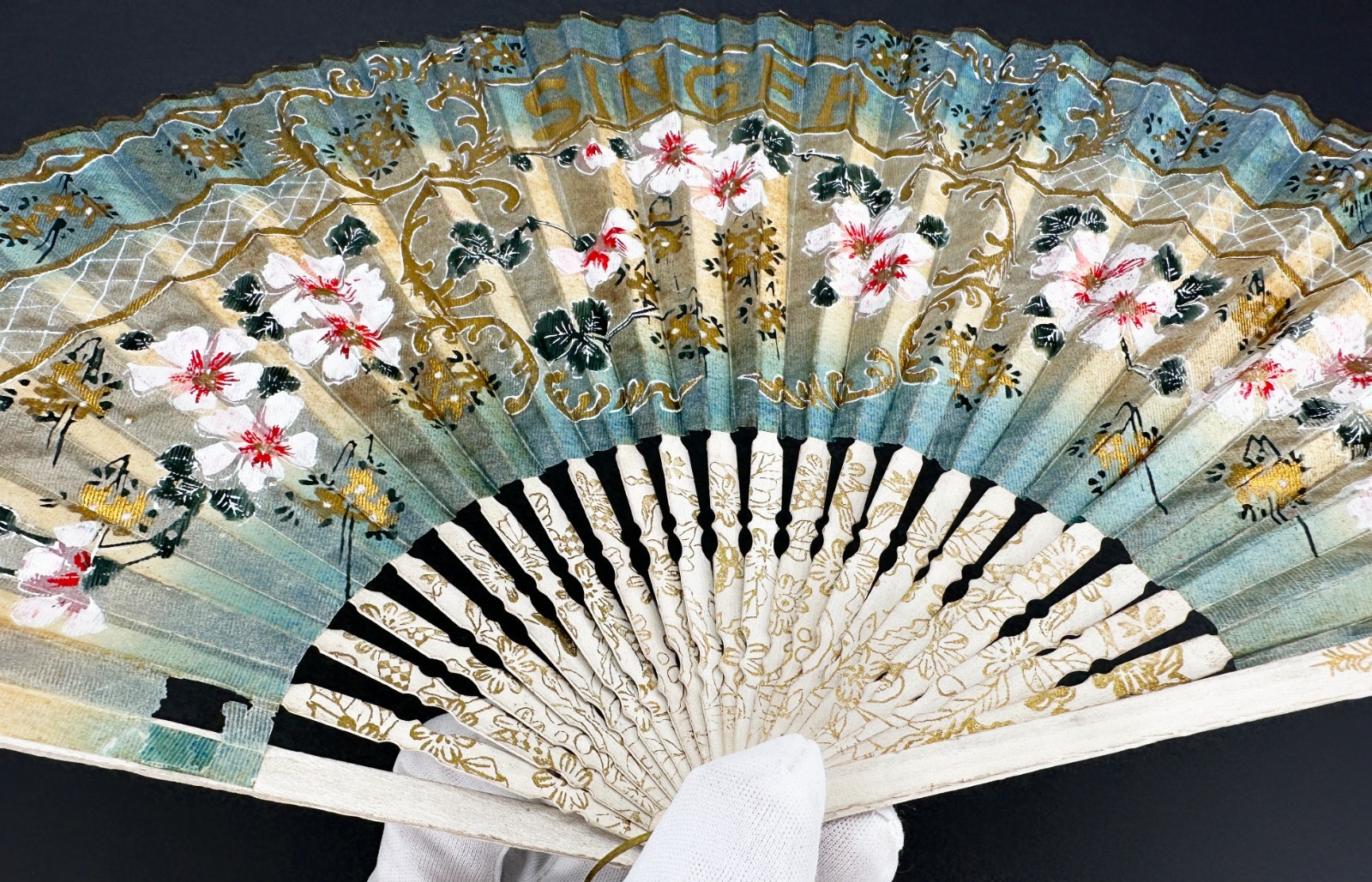 Singer Sewing Advertising Fan Antique Hand Painted Washi Japan 1921-1930