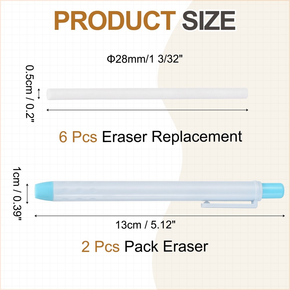 2+6Pcs Retractable Eraser Pen, with 6Replacement Rubber Refill, Light Blue TPE
