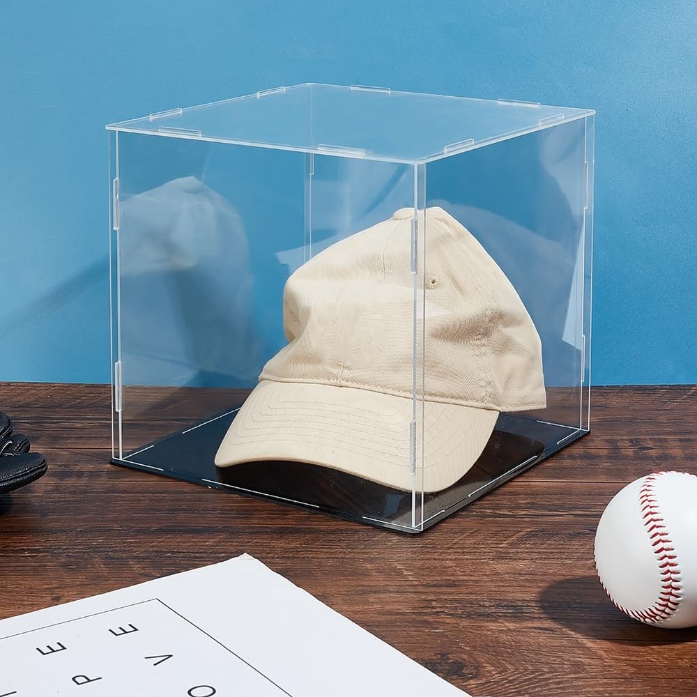 AHANDMAKER Display Case Clear Cube Baseball Holder Hat Box with Black
