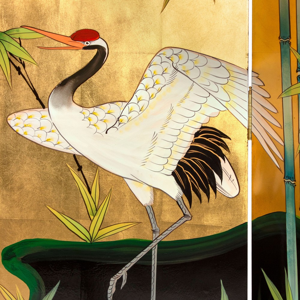 6 ft. Tall Gold Lacquer Room Divider - Cranes