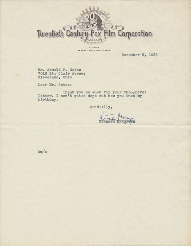 Kenneth MacGOWAN / Typed Note Signed