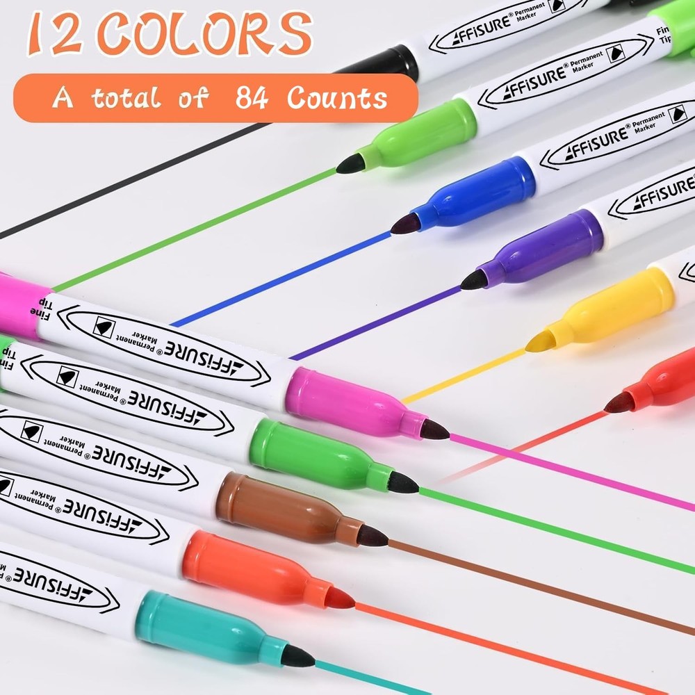 84 Pack Permanent Markers, 12 Colors, Fine Point Assorted Bulk Set, Fast Dry