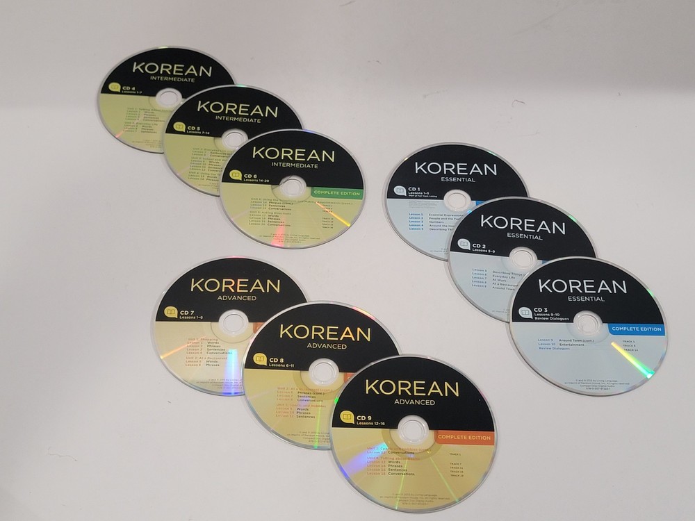 9 Korean Loose Language Audio CDs - Essential, Intermediate, & Advanced