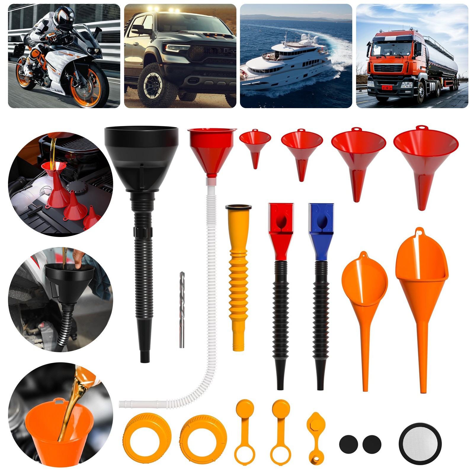 19 PCS Automotive Funnel Set w/ 9 Gas Can Spout Replacements Plastic Funnels Kit