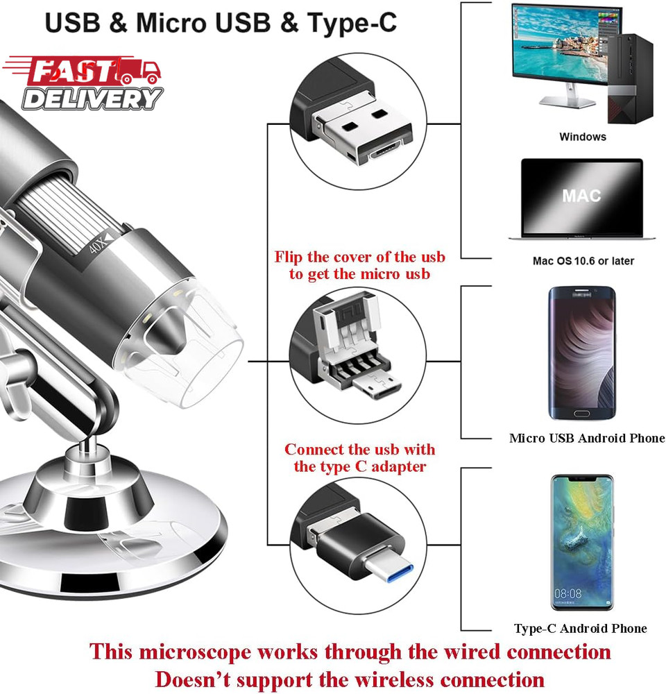USB Microscope Camera with Stand & Carrying Case, Cainda Digital Microscope Comp