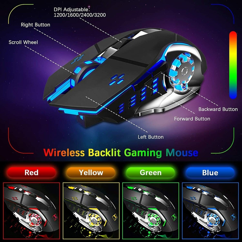 Full size Wireless Gaming Keyboard Mouse and Bluetooth Headset Set RGB Light PC