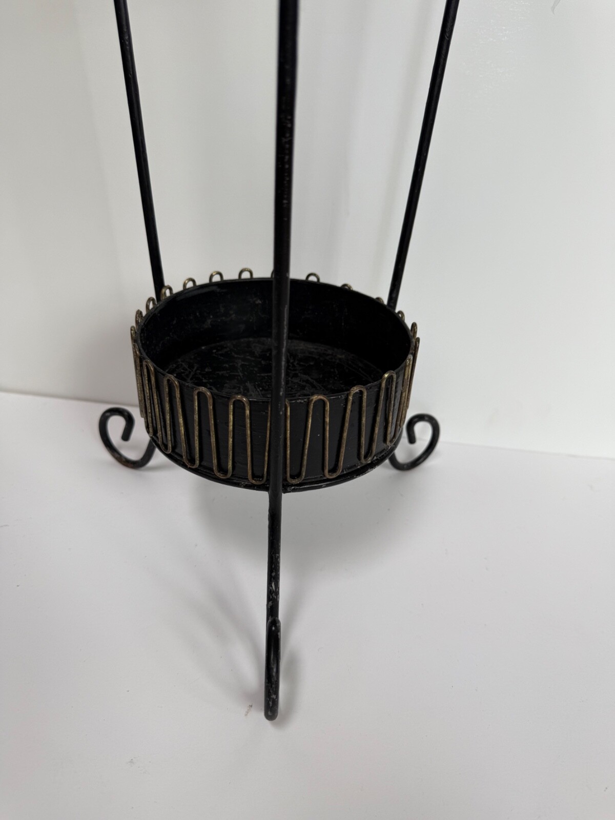 Vtg MCM Umbrella Stand cane walking-stick Holder Black Metal Gold-tone Trim 29"h
