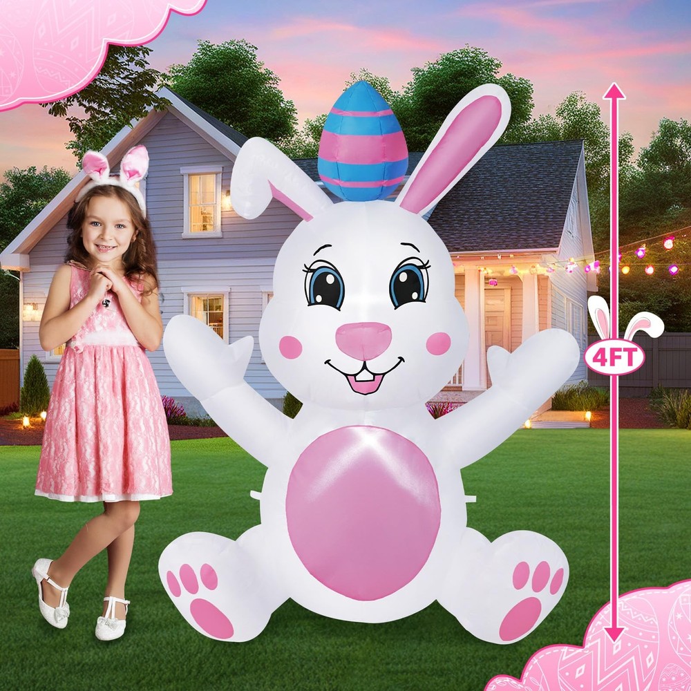 BRDJade 4FT Easter Bunny Inflatable Outdoor Decorations, White