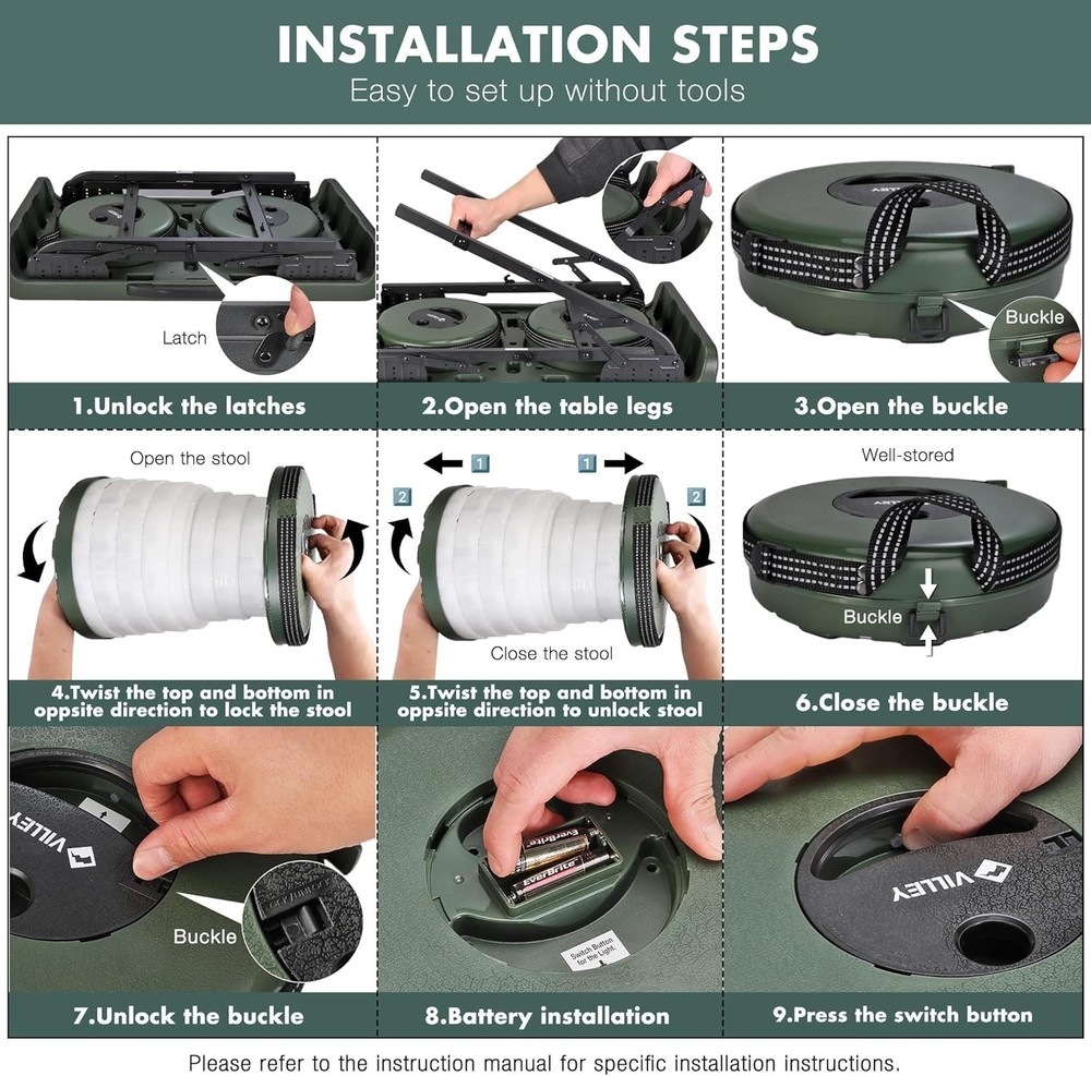 Portable Collapsible Stools Folding Camping Table Set Beach Table w/2PACK Stools